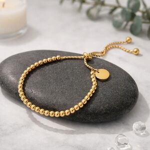 18K Gold Plated Beaded Bolo Bracelet Adjustable Disc Charm Minimalist Stackable